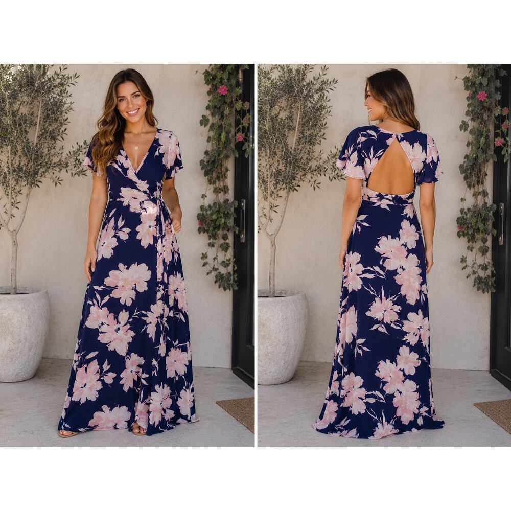 Lulus Navy Blue & Blush Floral Wrap Maxi Dress – Size Large